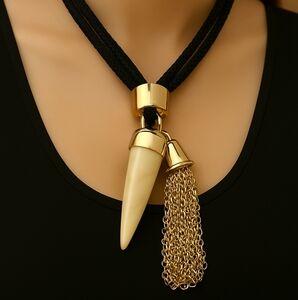 Edgy Gold Black Cord Necklace – Tassel & Faux Tooth Pendant Statement Jewelry